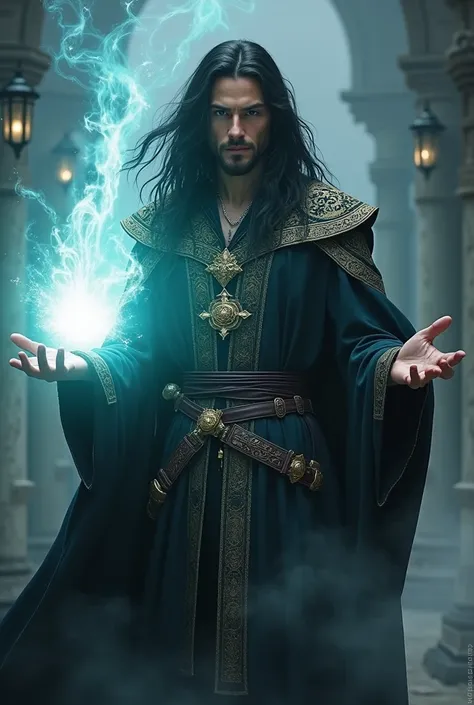 A 25-year-old young man with long black hair, serious face, medieval costume,  comes out of his hands white magic  