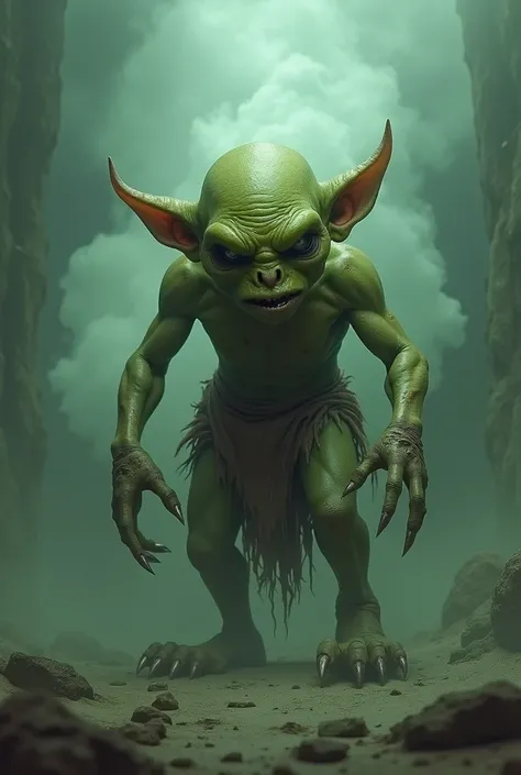 Goblin, very skinny, aggressive, ( front view), (full body view), upright body, green skin, holding nothing, bald, tattered small loincloth, (almost nude),cowering in fear, missing left ear, beaten badly,  big feet, surrounded by poisons gas