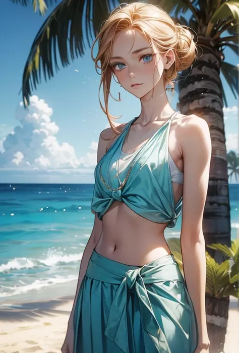 Portrait of a young, slender woman named Kate, age 18. She has shoulder-length ginger hair tied in a casual bun, with piercing blue eyes and a confident yet sweet expression. Her figure is slim and toned, with a narrow waist, narrow hips, and fuller D-cup ...