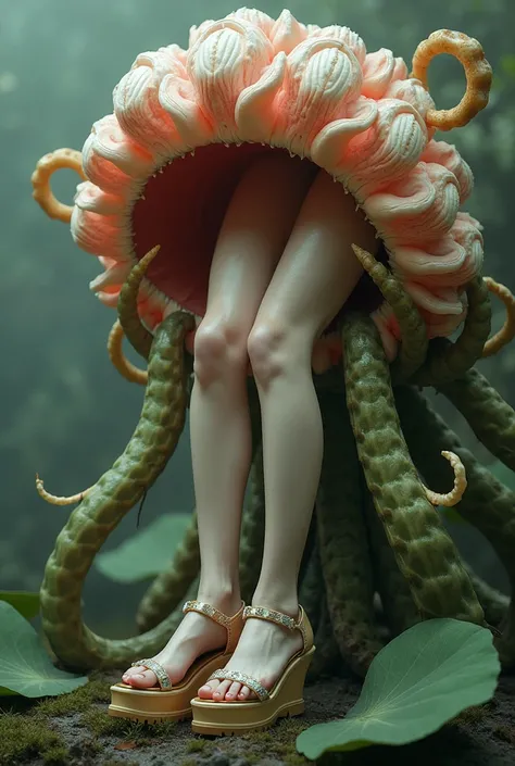 From the mouth of the flower of a mutant plant with tentacles emerge 2 womens feet in transparent platform sandals.