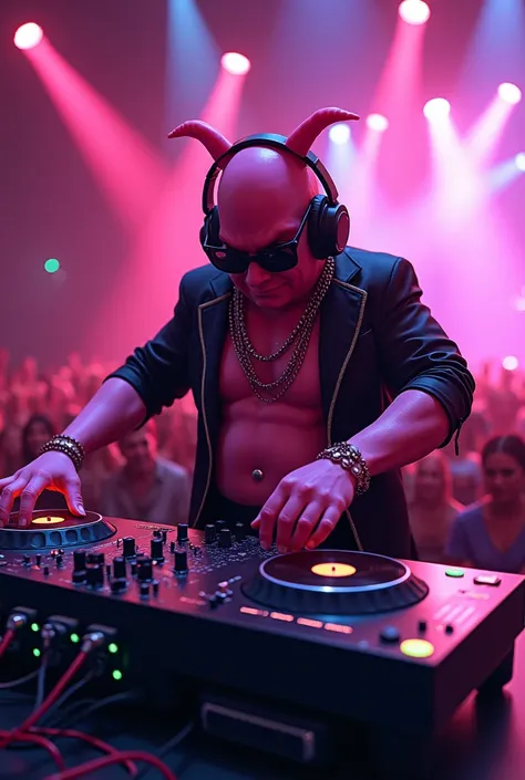 Image of Majin Boo DJ with headphones and dark glasses playing on stage 