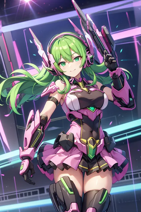  and smiles 、mecha wing、Thighs、tights、chest、 shiny green hair 、  1 girl、 solo girl 、 headphones、idol dress、idol skirt、 miniskirt、mecha girl、Armor、I have a pink handgun、hand gun