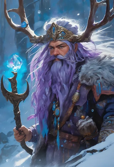 oil painting of ((dark haired viking sorceress holding a (glowing purple crystal) )) (( volva )) and (( an ancient (white haired) (braided beard) (light blue skinned)(giant jotunn) with (bearded axe) (rack of antlers on his head) )); blue light illuminatin...