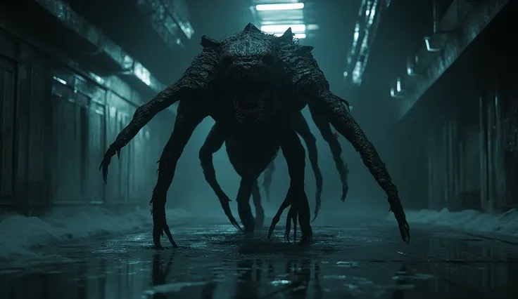 A deformed biomass approaches from the depths of a dark, a lot of mouths, frozen station corridor. Its elongated, distorted limbs stretch menacingly forward, evoking the terrifying presence of a creature reminiscent of "The Thing". Dim, flickering overhead...