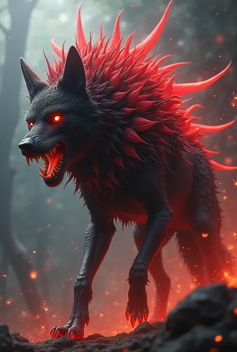 A hybrid creature combining the features of the wolf and the rose, seamlessly fused into a monstrous, dangerous entity. The appearance should be intimidating, with thorned, fiery elements and a dangerous presence, while the background heightens the intensi...