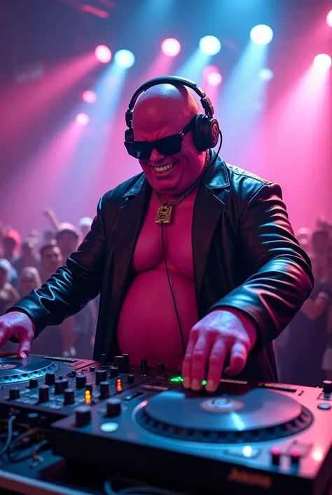 Image of Majin Boo DJ with headphones and dark glasses playing on stage 