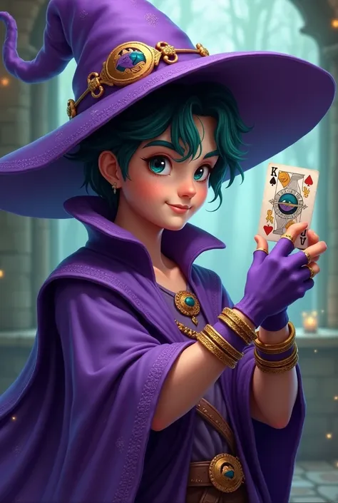 A slightly fat young male,  with a purple wizard hat hiding one side of her face , dark green hair, wearing a purple collar , purple blouse, holding in her right hand a playing card with the design of an eye on it, wearing purple gloves,  wearing witch bra...