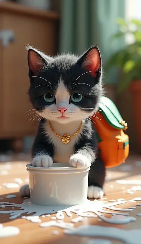 In cinematic 3D style ,HD image, realistic image ,colourful image. Character, black and white kitten cat wearing gold neck locket,Orange and green mix s school bag hanging on the back. Action,In cinematic 3D style ,HD image, realistic image ,colourful imag...