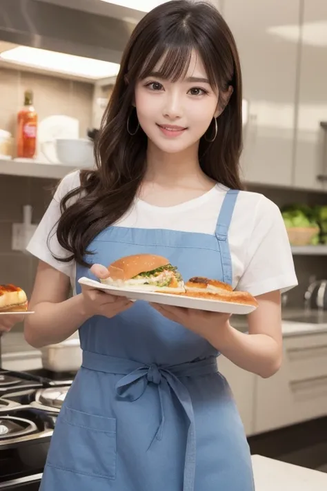  eyes that are drawn in, cute double , Mysterious woman wearing an apron and cooking, Ribbon on chest, T-Shirts, Medium hair with inner curls, Knot,  cute smile with blush, knot, The front hair is held in place with a hairpin, Good looking, Kind personalit...