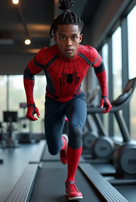 Miles Morales running on a treadmill but without the mask and braided hair 