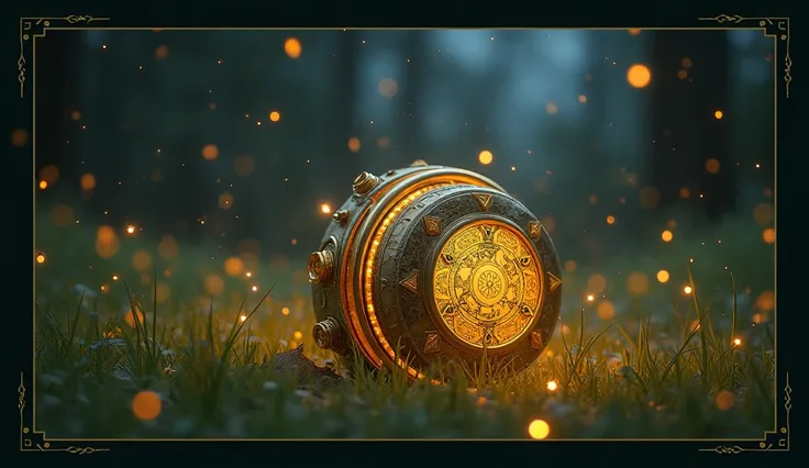 Golden small circular time machine, ancient, at night, lying on grass, surrounded by fireflies, rectangular frame