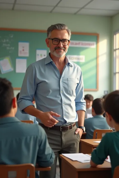 Male teacher without beard and moustache ,  guero with glasses examining 34 ren and with the phrase EXAM DAY 