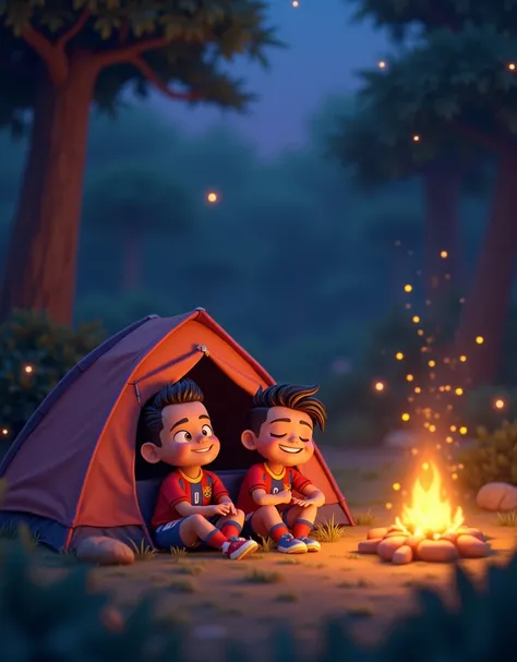  A peaceful 3D cartoon scene of Ronaldo and Neymar resting in their tent, wearing their jerseys. The campfire glows outside, with fireflies lighting up the forest. The sky transitions from purple to dark blue as stars begin to twinkle.