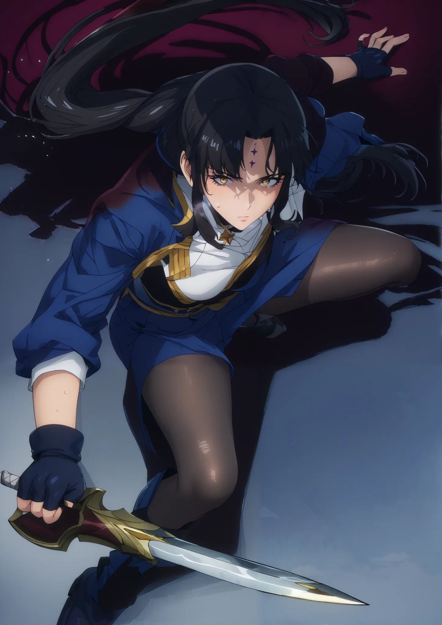 score_9, score_8_up, score_7_up, score_6_up, michiko tanaka, long hair, black hair, yellow eyes, facial mark, forehead mark, bre...