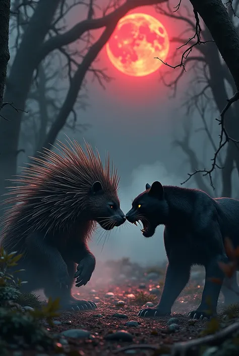 Create an image featuring a porcupine and a black panther, both in an aggressive, angry stance, facing each other with palpable tension. The porcupine should have its quills fully extended, sharp and gleaming, as it crouches defensively yet ready to strike...