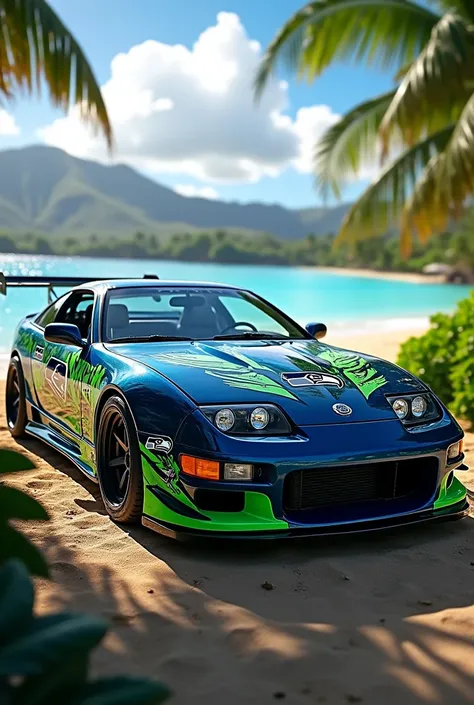 Create a nissan 300zx twin turbo car with the seahawks logo all over it. Put the seahawks mascots on the side of the car. Background is in hawaii