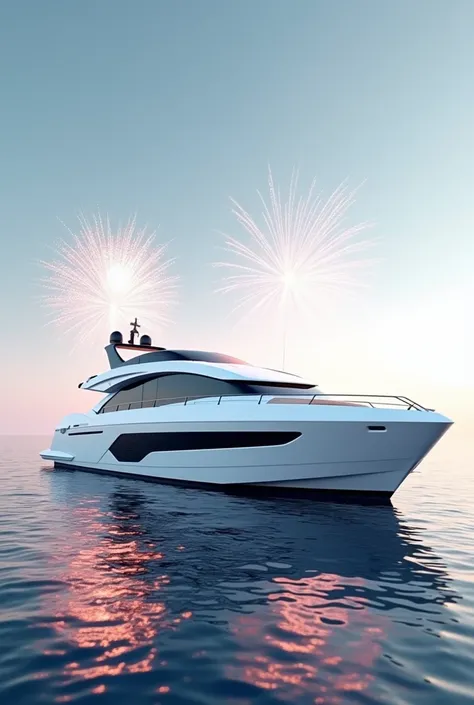 Minimal style white yacht ( can see whole yacht in the middle ) have firework on bright sky