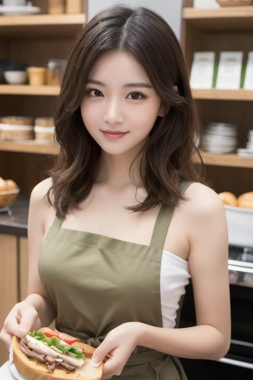  eyes that are drawn in, cute double , Mysterious woman wearing an apron and cooking, Ribbon on chest, T-Shirts, Medium hair with inner curls, Knot,  cute smile with blush, knot, The front hair is held in place with a hairpin, Good looking, Kind personalit...