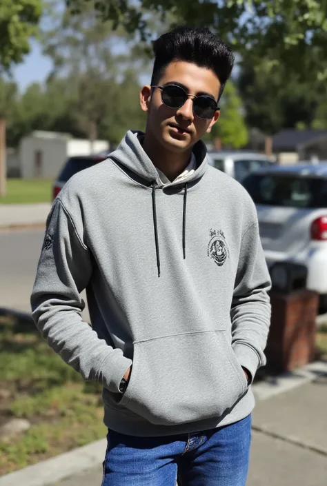 A aesthetic handsome young 18 year boy whose name is gaurav smith with sharp jawline is wearing a hoodie and black round sunglasses and has both his hands tucked into the front pocket, striking a cool pose that perfectly showcases the back of the hoodie.

...