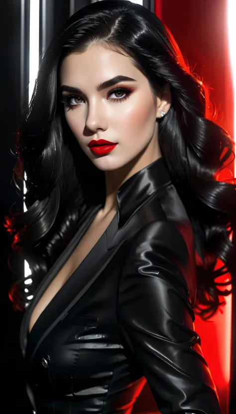 1 , Sublime very sexy French Inoman, detailed lips , detailed eyes , detailed eyelashes, detailed face gloves, sublime and detailed body , long black hair, seductive face, (( bright red lipstick :2.0, shiny lipstick)), full body photo , (( wear a sui...