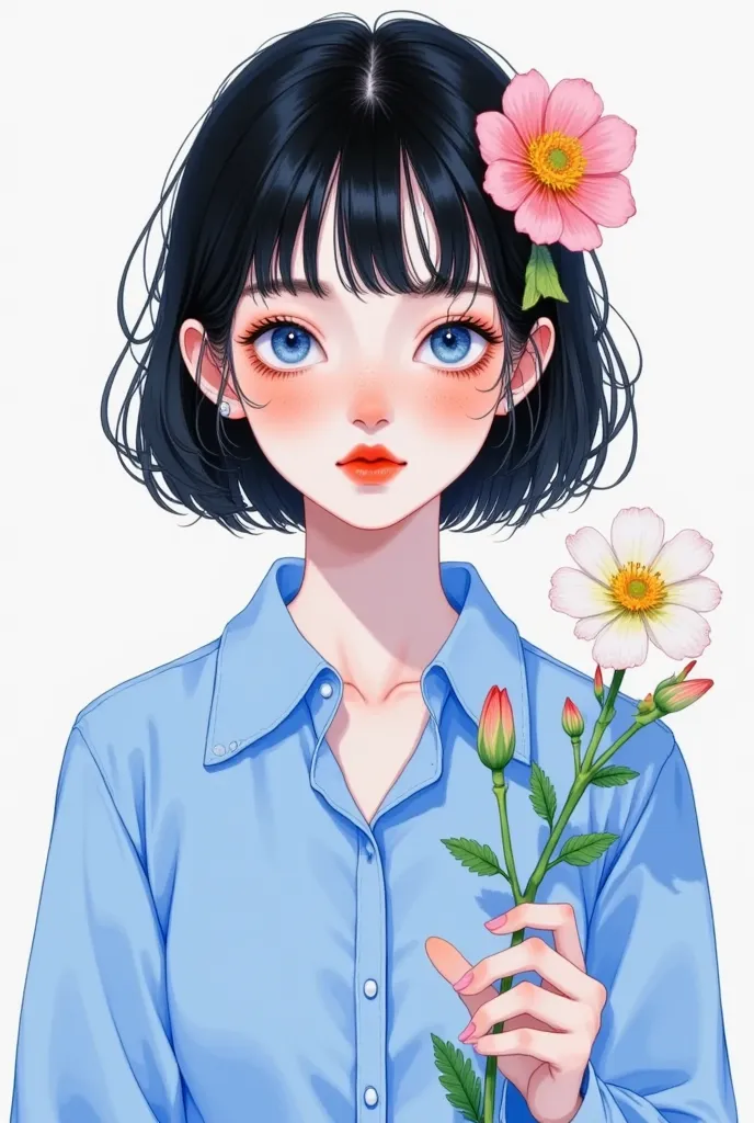 ,1 Girl, only, Black Hair, flower,  white background , Hair decoration, 发flower, Short hair,  upper body,  bangs, Watching the audience,  simple background , move, Bob cut , plant, shirt,  blue shirt,  bangs contundente, flower朵, Red lips,  blue eyes