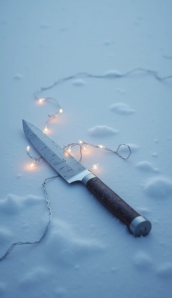 a field of snow ,  and there are some strips of Christmas lights that are clinging to a knife that are on the snow. 