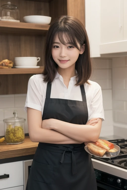  eyes that are drawn in, cute double , Mysterious woman wearing an apron and cooking, Ribbon on chest, T-Shirts, Inward-wound wave bob cut,  cute smile with blush, knot, The front hair is held in place with a hairpin, Good looking, Kind personality,  very ...