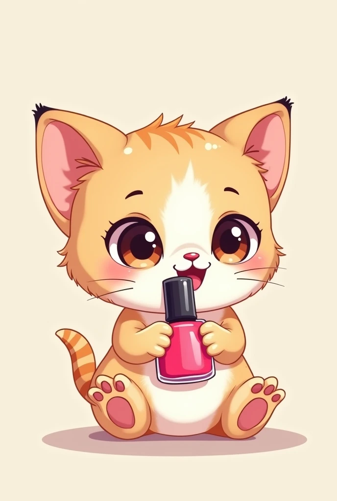 Make a chibi-style drawing of a kitten holding nail polish 