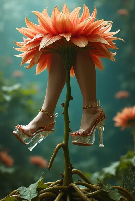 From the mouth of the flower of a mutant plant with tentacles emerge 2 womens feet in poledance transparent platform sandals