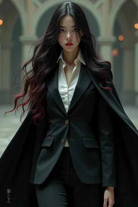  a 19-year-old girl , long black and red hair ,  serious face and suit with a black cape 