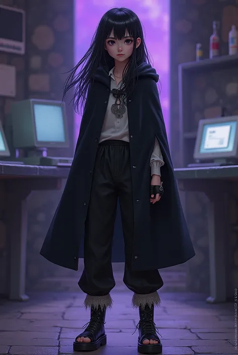 masterpiece,   best quality, BREAK,   1girl,   fourteen year old girl  ,  ,   big deep black eyes ,    black long hair  ,   calm and cruel face  ,   expresses a minimum of emotion  , BREAK, (One),  fantasy, dungeon,   computer interfaces  ,   purple backgr...