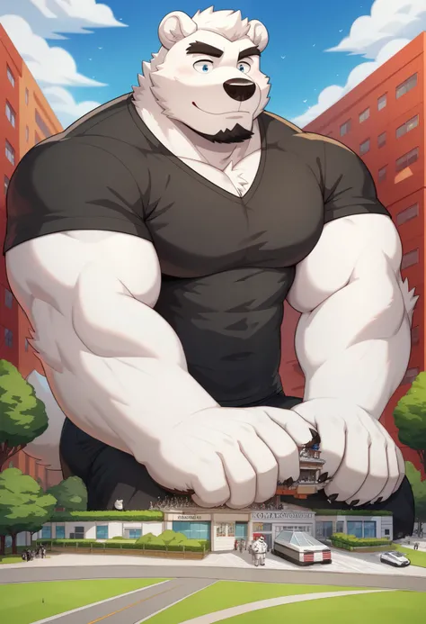 Scribble polar bear face,Furry(polar bear),(  black casual clothes :1.3),pummelig,(  black eyebrows :1.1),(perfect eyes), white fur ，（artist:takemoto arashi），garden，（black shorts:1.3），paw，（ Black beard :1.3）, polar bear(Massiv:3.0, ( heavyweight ,stark,Mac...