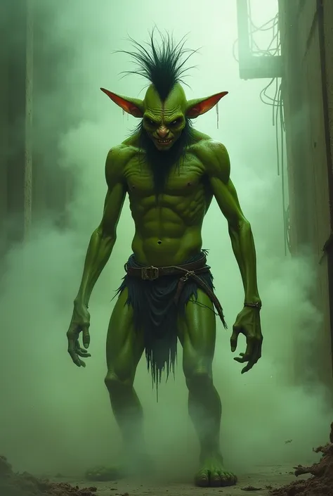 male Goblin, very skinny, aggressive, (back side view), (full body view), upright body, green skin, holding nothing, black hair mohawk, tattered small loincloth, (almost nude),(big ears), cowering in fear, missing left ear, beaten badly,  big feet, surroun...