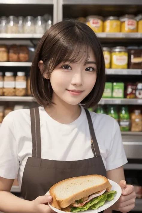  eyes that are drawn in, cute double , Mysterious woman wearing an apron and cooking, Ribbon on chest, T-Shirts, Inward-wound wave bob cut,  cute smile with blush, knot, The front hair is held in place with a hairpin, Good looking, Kind personality,  very ...