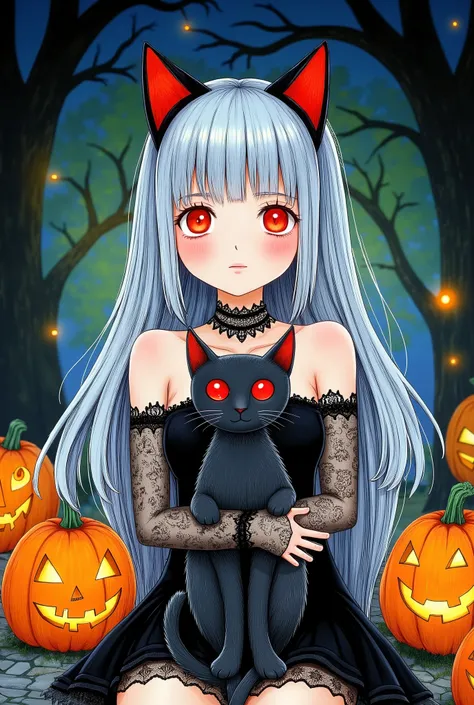 a beautiful anime girl in a halloween costume, long silver hair, glowing red eyes, black cat ears, black lace dress, holding a black cat, pumpkin lanterns, dark spooky forest background, dramatic lighting, vibrant colors, intricate details, digital art, ar...