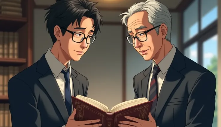 Japanese young old men with specs, holding stock market book which is written in Japanese language