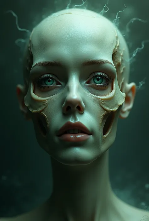  Create a photo of a male skull merged with a female face, Woman with green eyes, depicting soul mates .