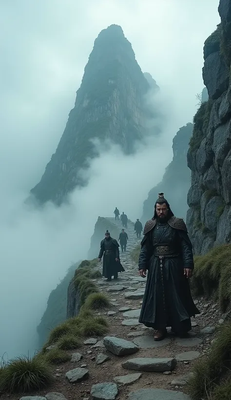 "King Liang, accompanied by a group of loyal soldiers, climbs the steep, treacherous slopes of Huashan Mountain. The peak is barely visible through the swirling mist, and the path is rugged and dangerous. The king’s face is grim, determined to confront the...