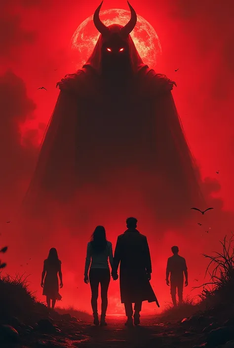  creates an apocalypse with a red background in the Stranger Thing style, but that a brown man with brown eyes tall (1 . 72, almost white skin, 32 years old, and a girl with straight black hair with dark brown eyes, almost white skin of 29 years old ,  tha...