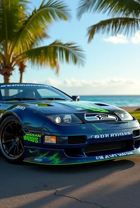 Create a nissan 300zx with twin turbo that has the Seahawks logo all over the car. Background is in hawaii 