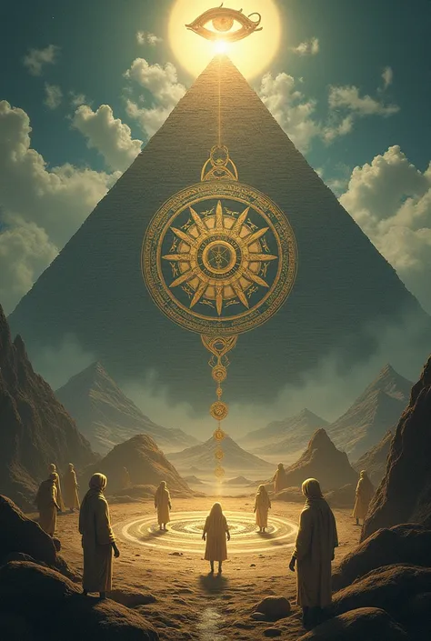 Samsara wheel with a pyramid and all-seeing eye controlling people 
