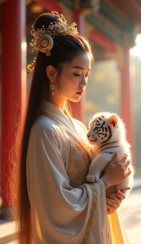 A highly detailed, high-resolution 8K image of a mystical scene set in a traditional Chinese temple. A beautiful Chinese goddess with golden ratio facial features, wide double eyelids, prominent tear troughs, and long, softly curled hair stands gracefully....