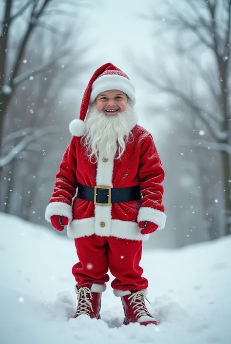  I want a boy dressed as Santa. Claus without a beard . in the snow 