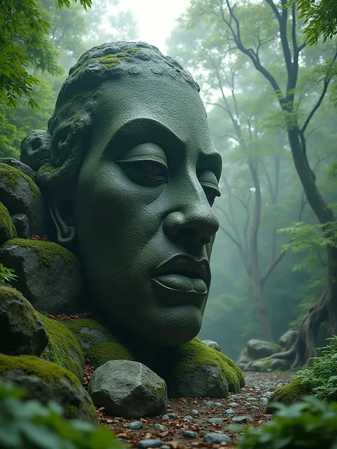  has a huge stone statue located in the middle of the forest, Stone Eye,  virtual unreal ,  imax movie footage ,  by Zhang Seung-ob ,  still in style ,   Hindu cybertronic temple  , Close-up face ,  Playstation 3 , Autodesk ,  stills from Marvel movies , G...