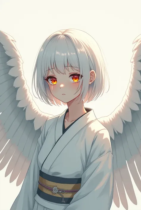 Anime screen: beautiful girl with white albino hair straight red eyes with giant white wings and yellow tears, white Japanese kimono clothing 