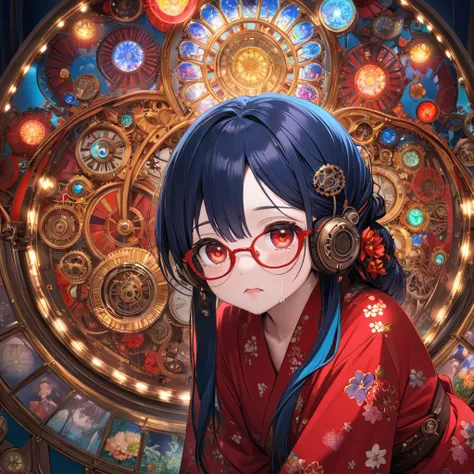 (Best masterpiece, High resolution:1.5), (8K, RAW photo, Perfect anatomy, Golden ratio, From top:1.4), Pointillism, Professional photo, Japanese idol, (Real:0.5), (Head Lowering and bowing toward you: 1.5), (Flower pattern, red yukata, red glasses, steampu...