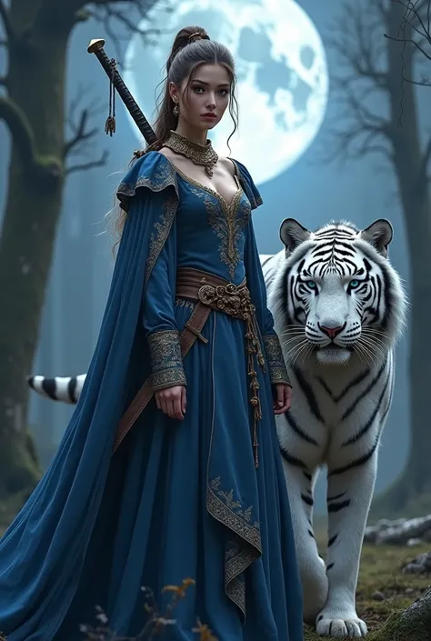 Limage est une femme sexy debout dans une forêt la nuit avec un tigre blanc aux yeux bleus à ses côtés. Elle porte une tenue de style médiéval bleu avec une broderie dorée complexe et une cape drapée sur ses épaules. Elle a une grosse épée sur le dos. Ses ...