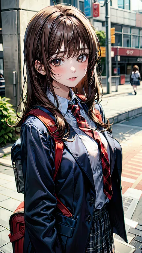  lower from the top of the hill, brown hair on the abdomen,A girl with a backpack is posing for a photo, navy blue blazer uniform ,  white shirt, red and grey striped tie,  grey plaid skirt, Outdoor urban environment,  natural light,Casual atmosphere, Fron...