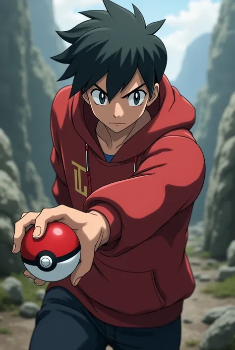 mature male trainer with pokeball, short black hair, black eyes, red hoodie