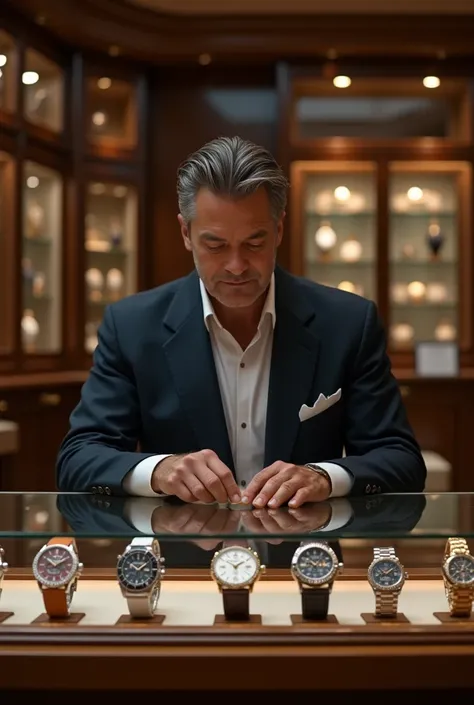 Millionaire buying watches in a luxury watch store for his wife